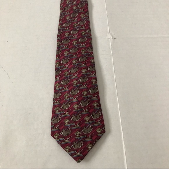 HERMES Tie Bunny Rabbit Tie Luxury Silk Red Background with Brown Tan Blue - Picture 11 of 12